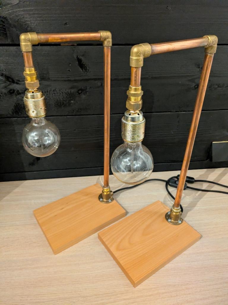 Handgemaakte industriële bureaulamp – koper & beukenhout, Ophalen, Nieuw, Minder dan 50 cm, Industrieel