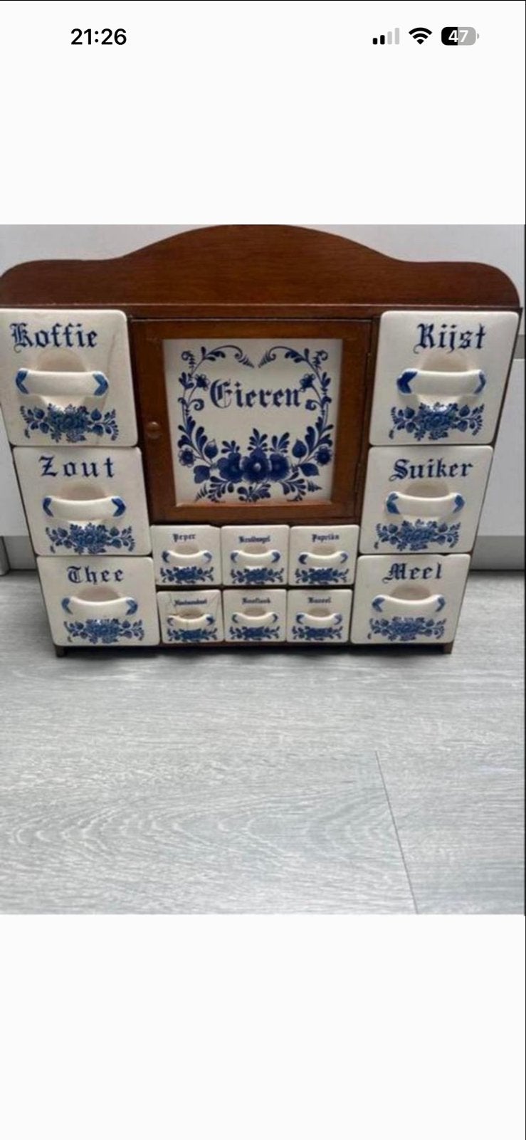 Vintage Kruidenkastje met Delfts Blauw Porselein, Antiek en Kunst, Ophalen