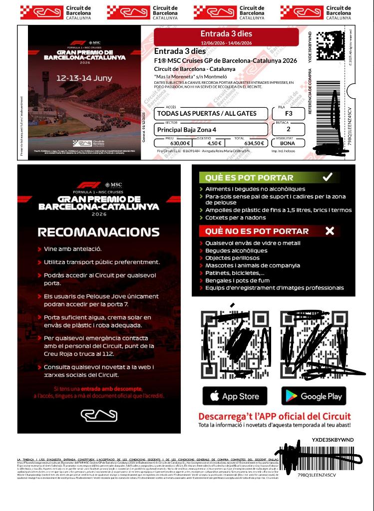 2x 3-daags Toegangsbewijs F1-Race Catalunya 2026, Tickets en Kaartjes, Twee personen, Juni