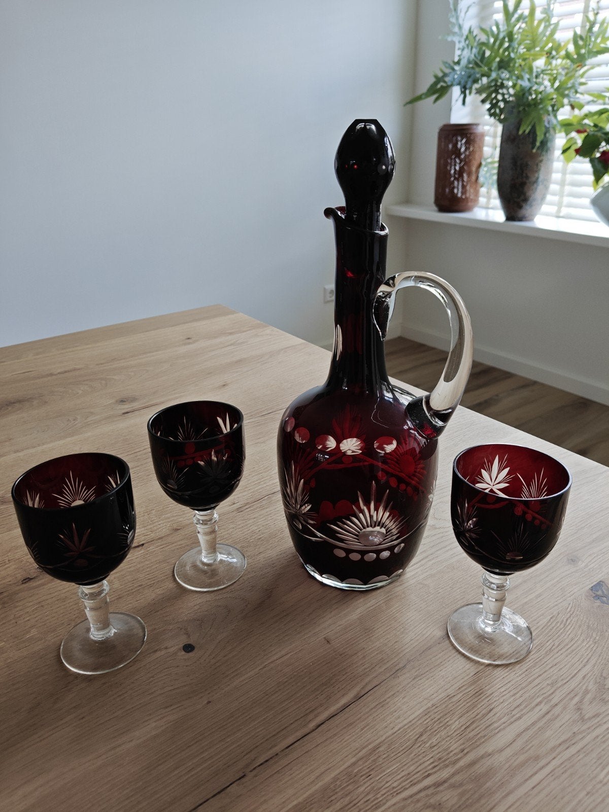 Vintage Bohemia glas karaf en 3 glazen, Ophalen of Verzenden, Zo goed als nieuw, Overige typen