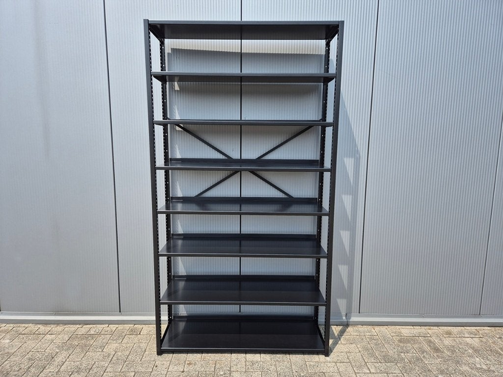 Nette Zwarte Legbordstelling 40cm diep Gebruikt Stelling, Bedrijfsinrichting Nederland, Zo goed als nieuw, Info@bedrijfsinrichtingnederland.nl