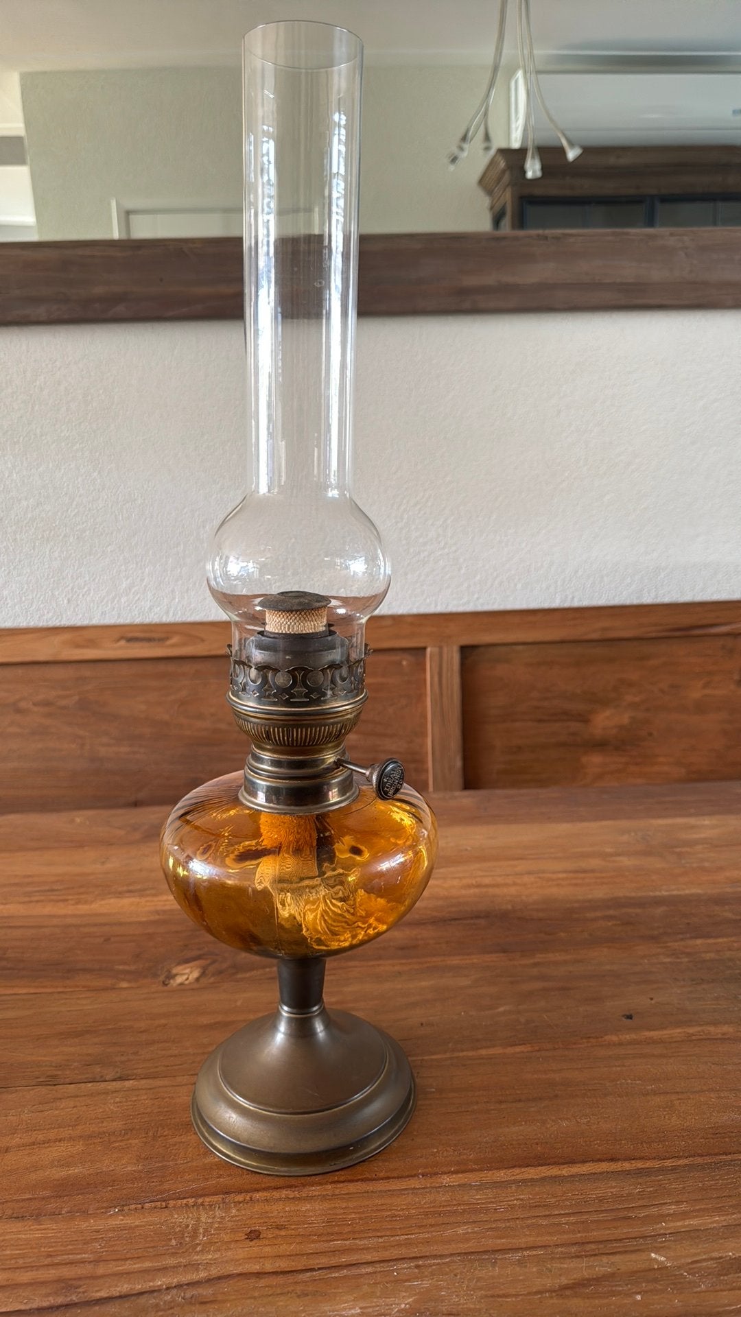 Antieke Olielamp - Amber Glas & 20-lijns Ideal Brenner, Ophalen of Verzenden