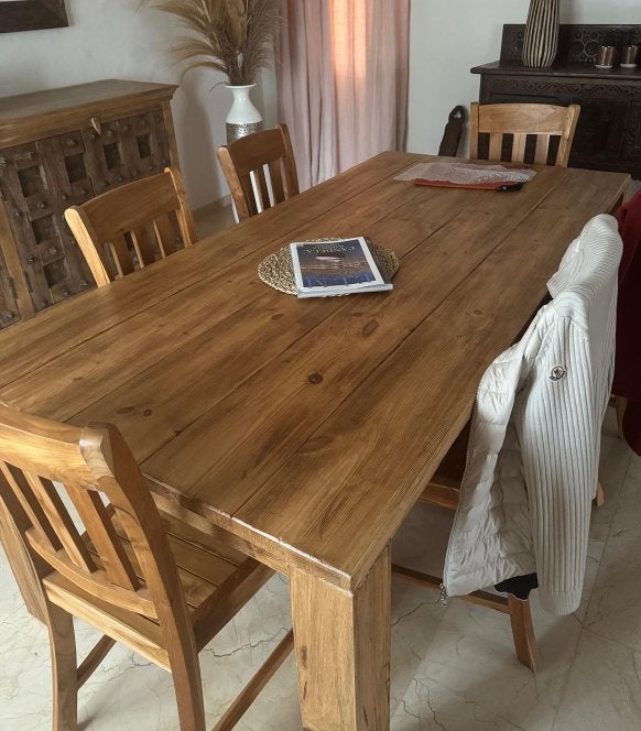 Teakhouten eettafel met 6 stoelen Nieuwstaat!, Ophalen, Sfeervol, tijdloze stijl, Teakhout, 200 cm of meer