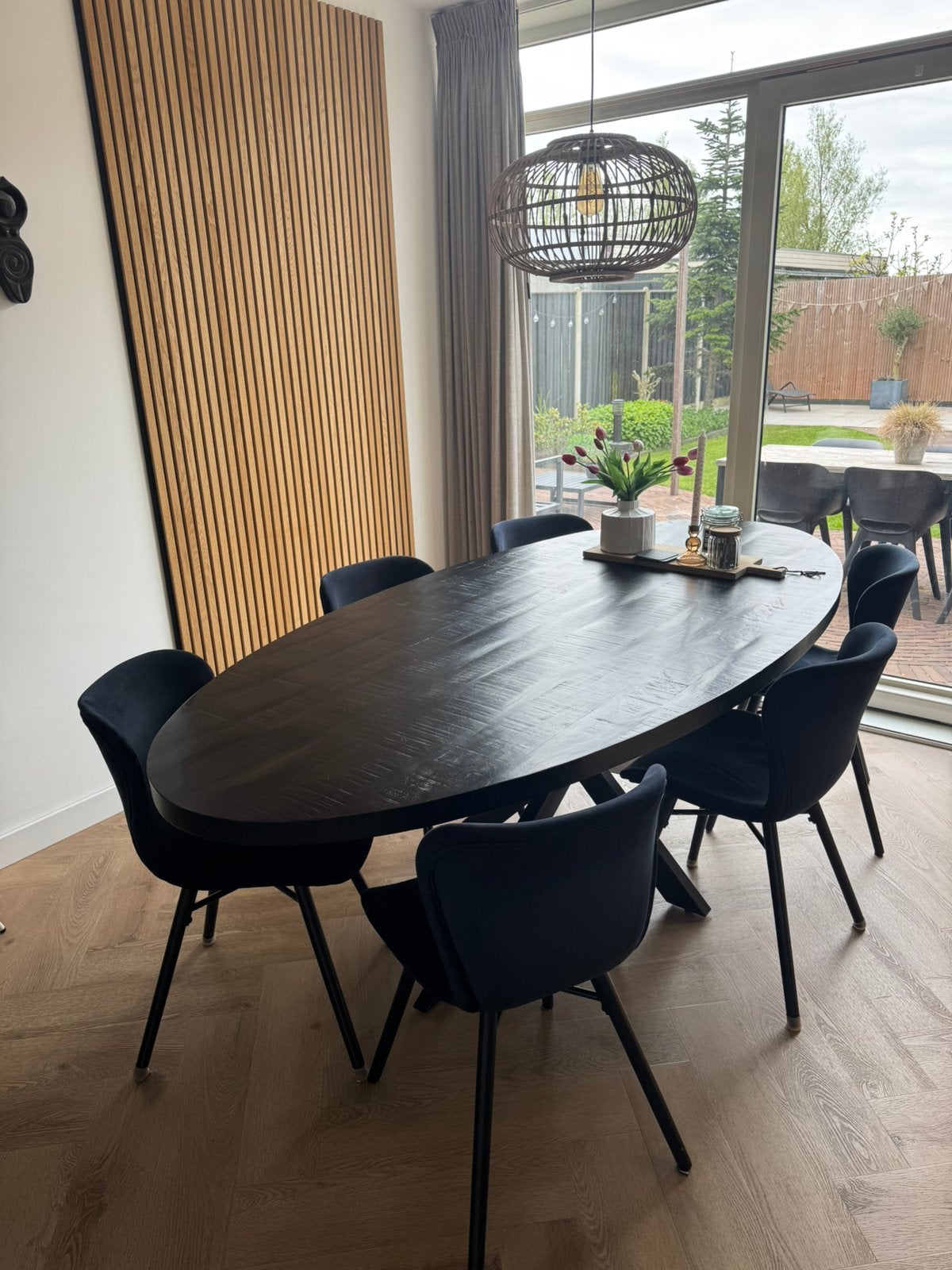 6 zwarte velvet eetkamerstoelen, Ophalen, Gebruikt, Rechthoekig, 50 tot 100 cm