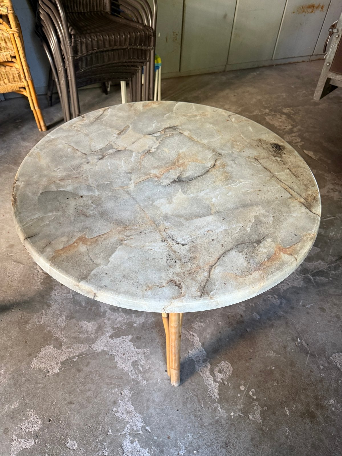 ronde tuintafel met bamboe onderstel en marmeren blad, Ophalen, Gebruikt, Rond, Overige materialen