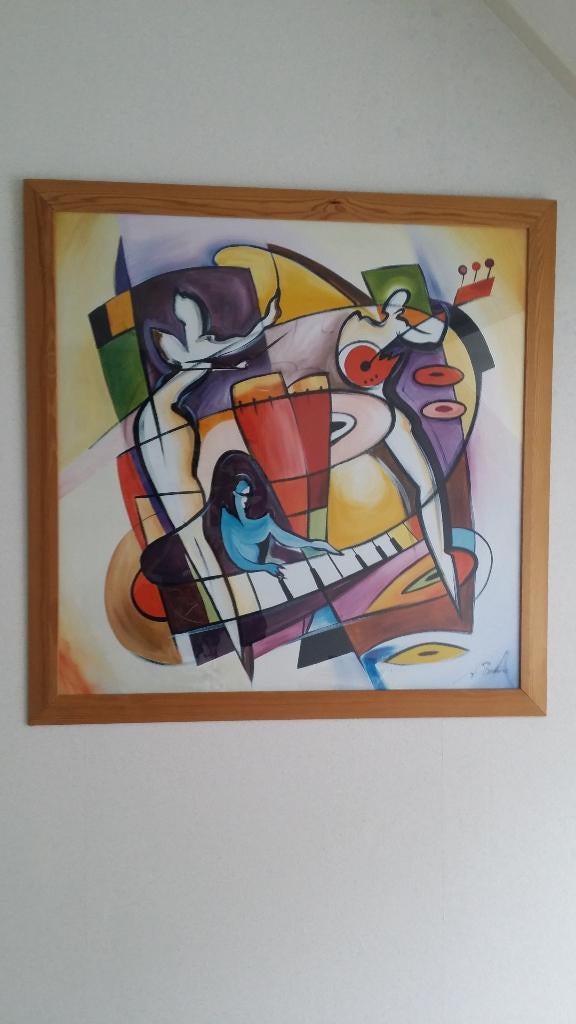 Kleurig modern vierkant schilderij. ( 78 bij 78 cm ), Ophalen of Verzenden, Zo goed als nieuw, Schilderij, 75 tot 100 cm