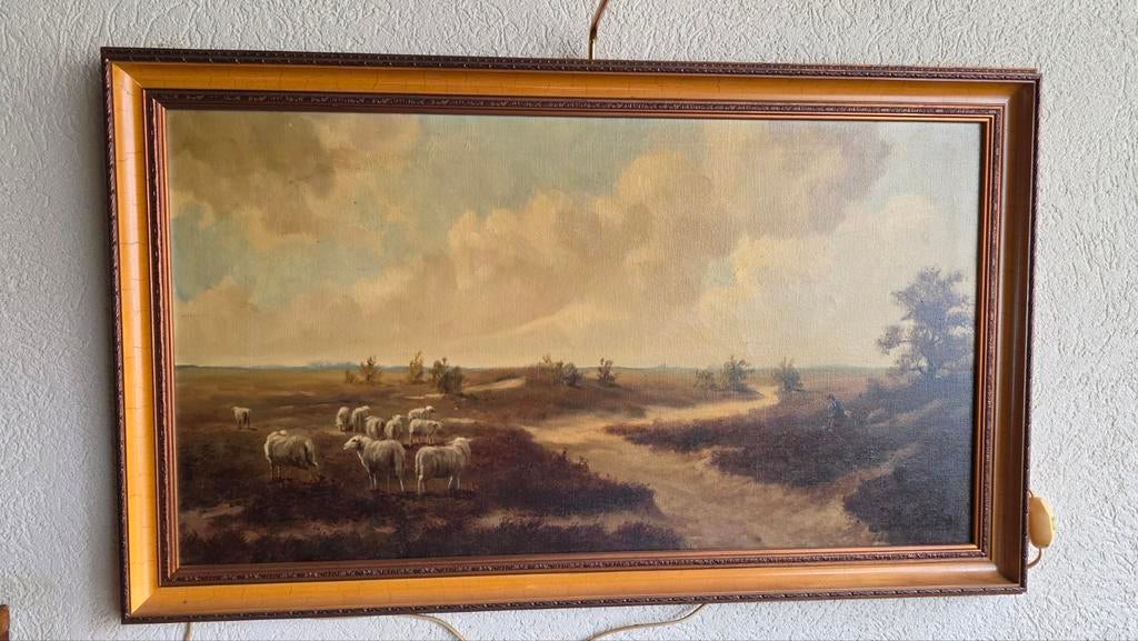 Oud schilderij met schapen in een landschap, Antiek en Kunst, Ophalen of Verzenden