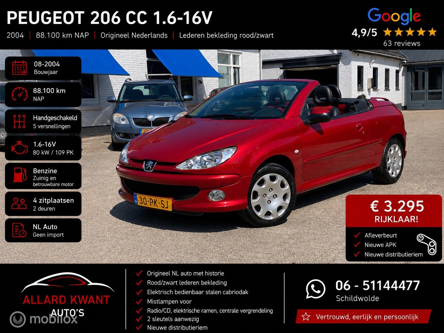 Peugeot 206 CC 1.6-16V /88.100 km /Leer/NL Auto /Rijklaar, Auto's, Voorwielaandrijving, Gebruikt, 4 cilinders, Cabriolet