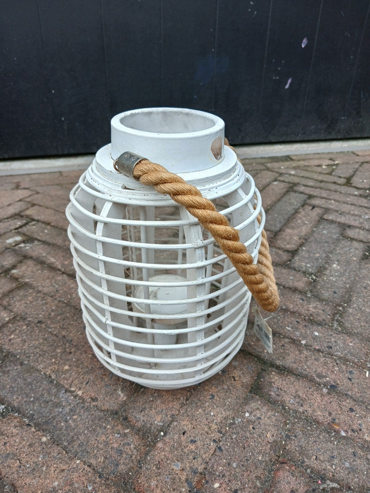 Witte decoratieve lantaarn met touw handvat, Hout, Gebruikt, Ophalen of Verzenden, Landelijk
