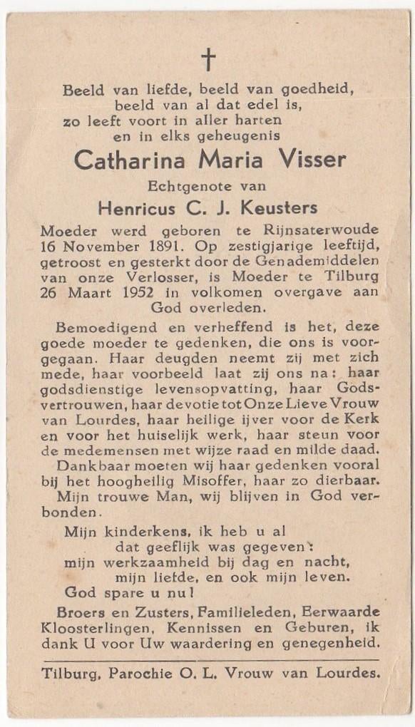 Catharina M. Visser 1891 Rijnsaterwoude + 1952 Tilburg, Verzenden