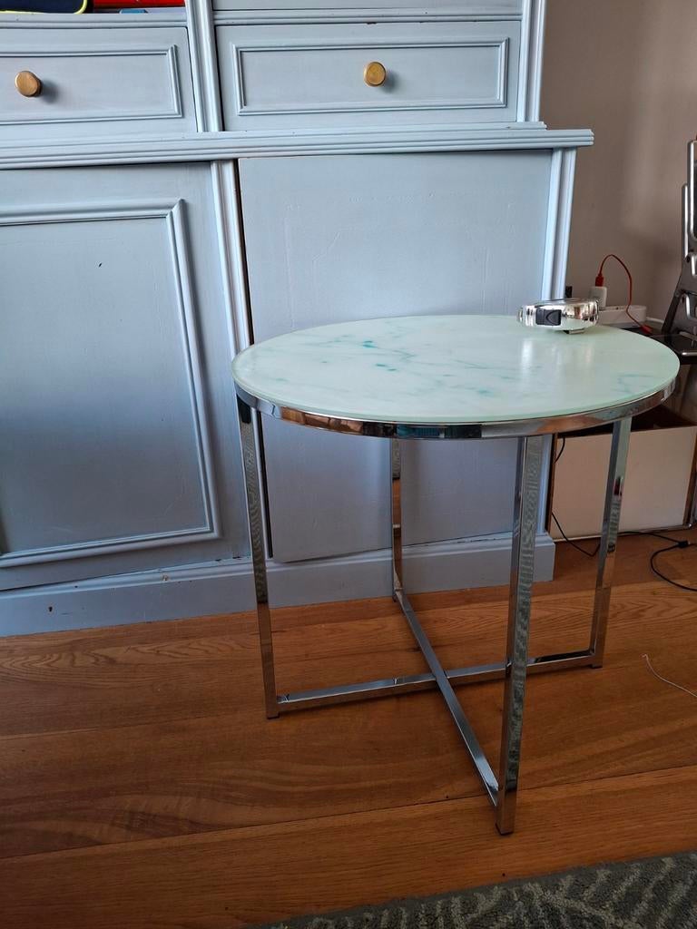 Stevig bijzettafeltje glas metaal, Minder dan 55 cm, Rond, Ophalen, 45 tot 60 cm