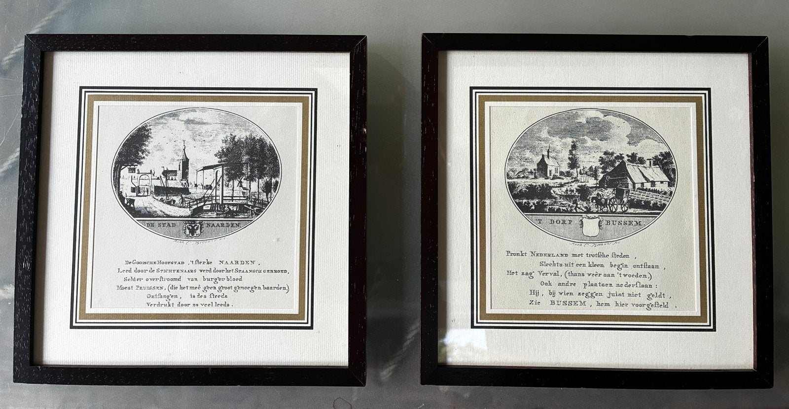 Prenten Naarden en Bussum in lijst 20x20cm, 1960 tot 1980, Gebruikt, Ophalen of Verzenden, Prent