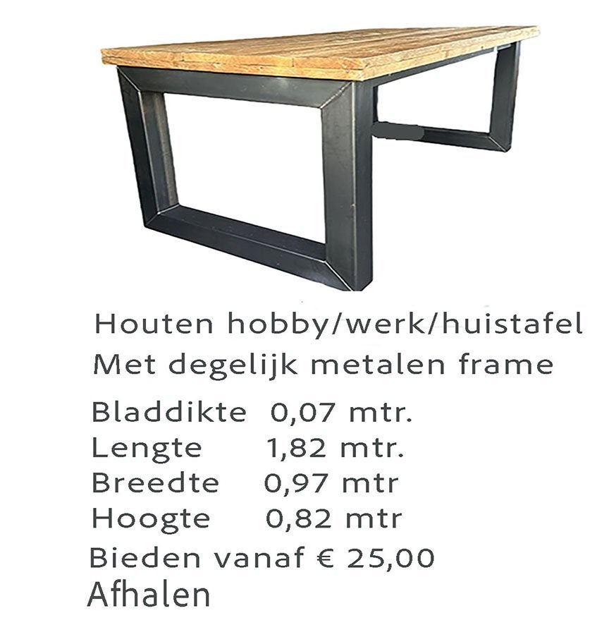 Robuuste houten eettafel met metalen onderstel, Gebruikt, Industrieel, robuust, landelijk, 50 tot 100 cm, 150 tot 200 cm