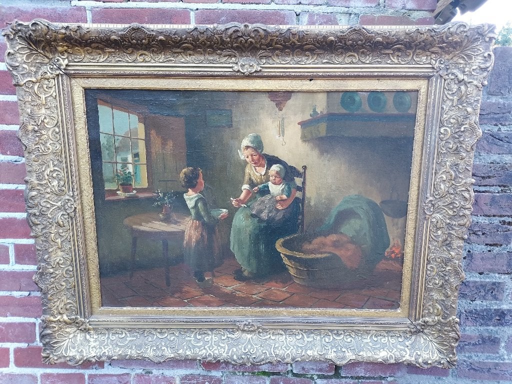 Schilderij Larens interieur, vrouw in klederdracht met kind., Ophalen, Doek, Portret of Personen, Oud hollands