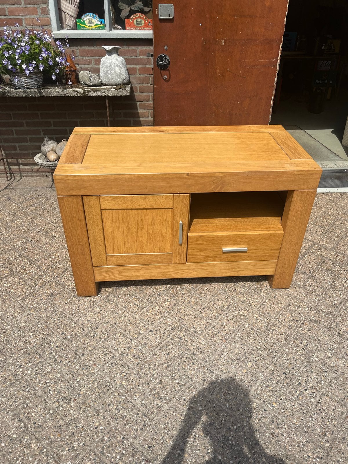 Eikenhouten TV-meubel met lade en kastje, Huis en Inrichting, Ophalen, Gebruikt, 100 tot 150 cm, Eikenhout