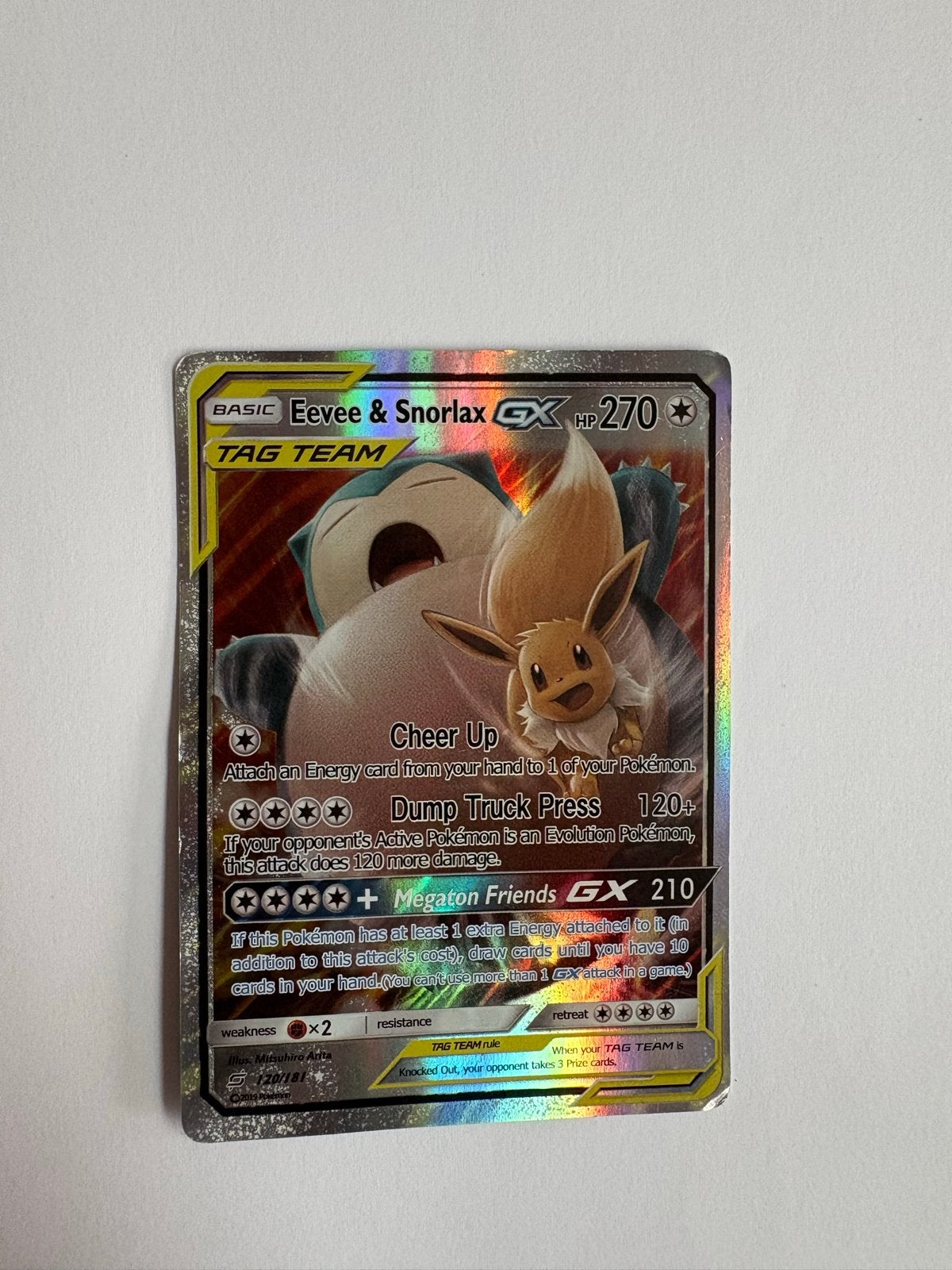 Pokémon Kaart: Eevee & Snorlax GX (Full Art) 120/181, Hobby en Vrije tijd, Ophalen of Verzenden, Gebruikt, Losse kaart, Foil