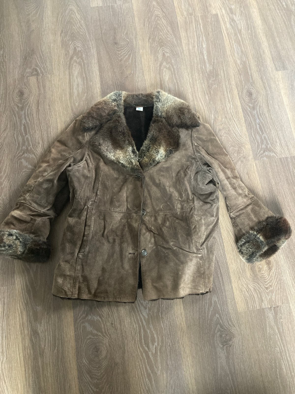 M&S suède jas met imitatiebont, maat 48, Verzenden, Zo goed als nieuw, Maat 46/48 (XL) of groter, Bruin
