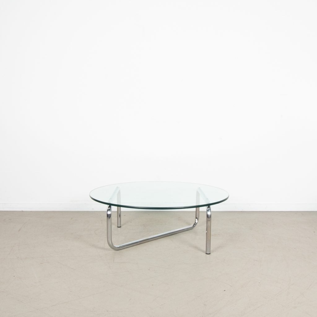 1x Dutch Originals Gispen Today 417 Salontafel Rond Glas Ø90, Niet ingevuld, Niet ingevuld, Zo goed als nieuw, Glas