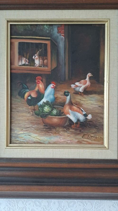 Olieverf schilderij Louis Krüger - Boerenerf met dieren, Ophalen of Verzenden