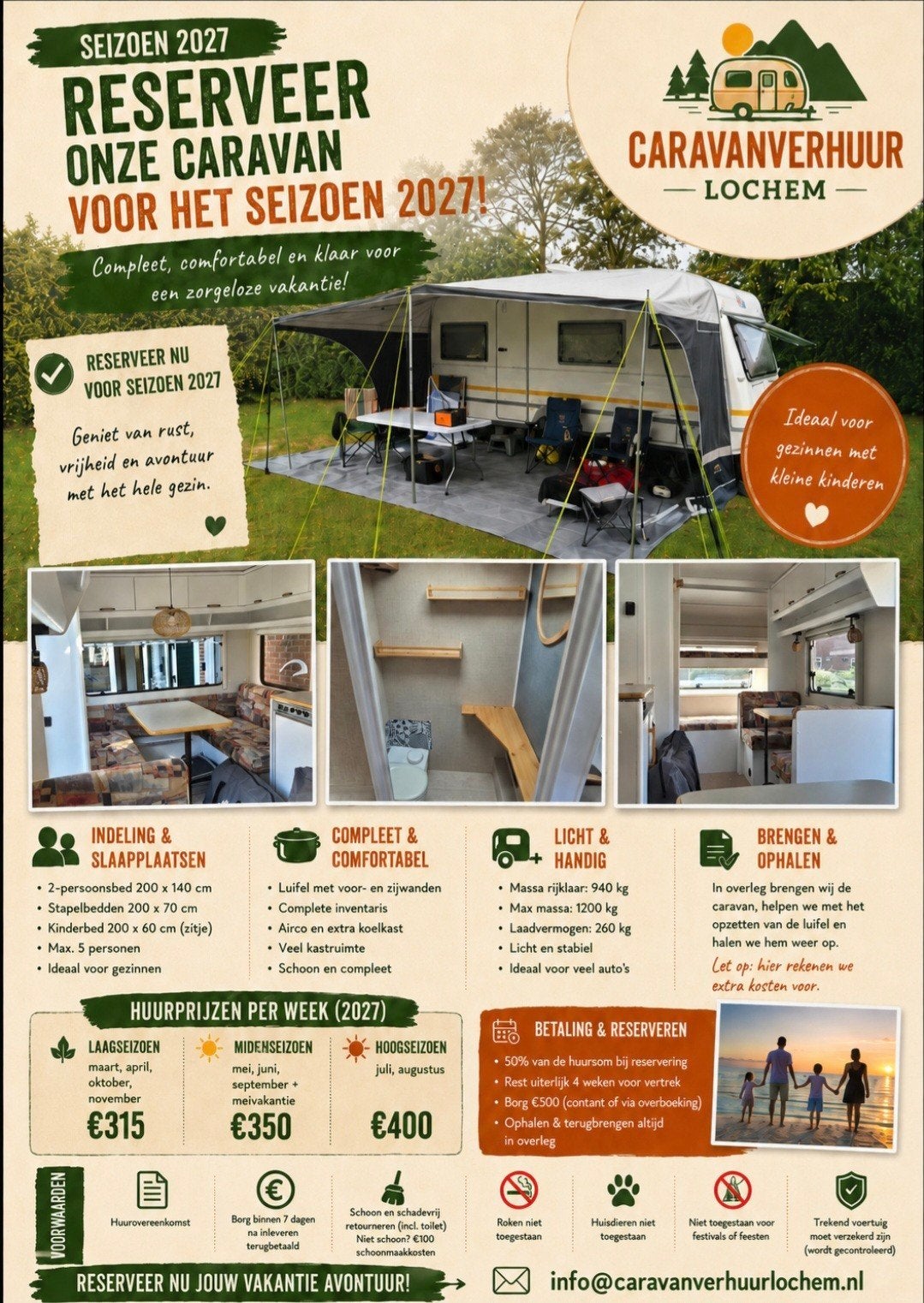 Gezinscaravan 5p te huur, reserveer nu voor 2027 per mail, Caravans en Kamperen