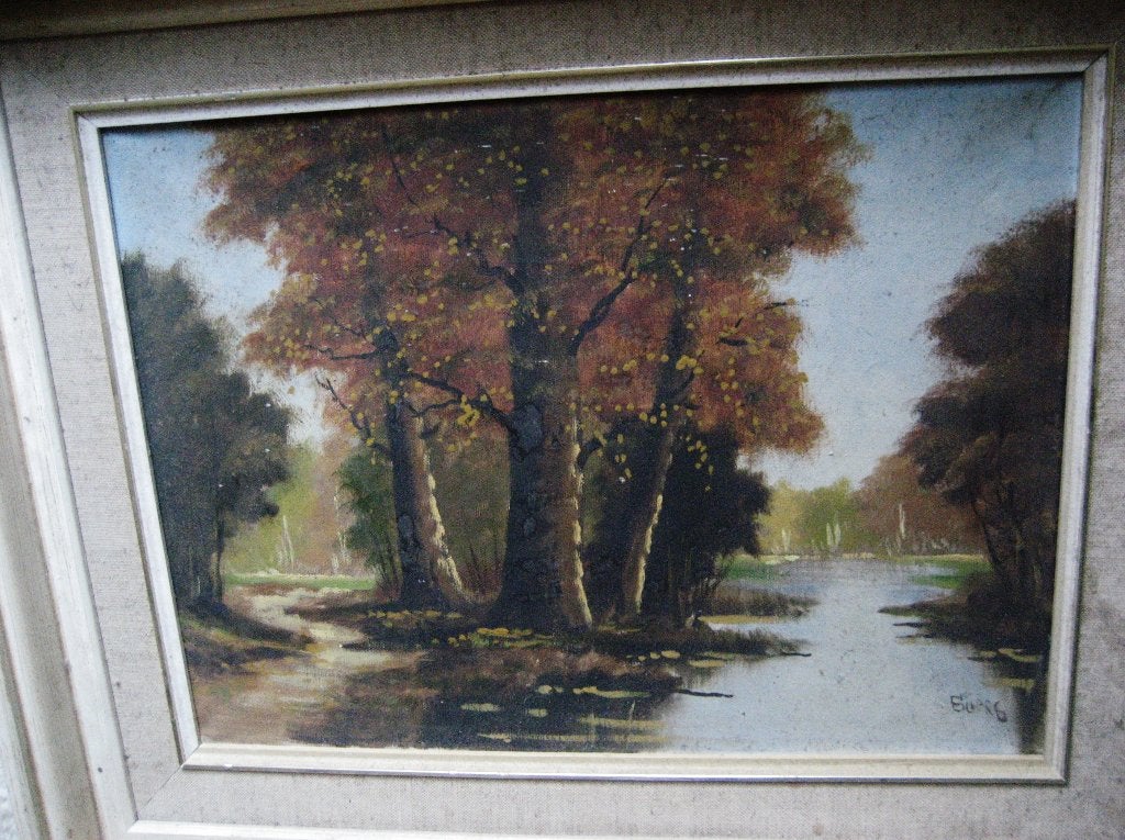 BOSGEZICHT MET WATER op linnen 53x43 cm in lijst gesigneerd, Doek, Oud hollands, Ophalen of Verzenden, Landschap