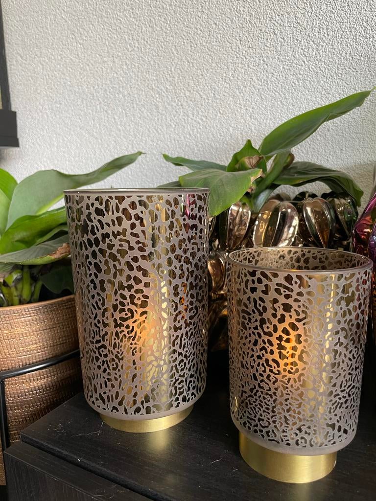 Set van 2 glazen windlichten met luipaardprint op batterij, Overige materialen, Gebruikt, Bruin, Ophalen of Verzenden