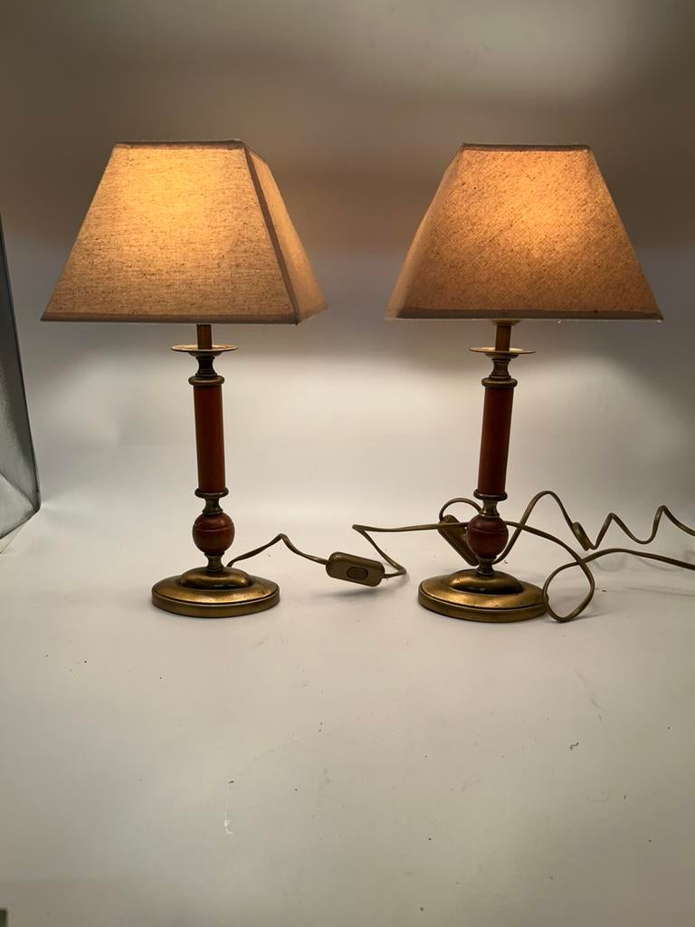 Set Vintage Tafel- / Nachtlampen – Messing & Hout, Antiek en Kunst, Antiek | Lampen, Ophalen of Verzenden