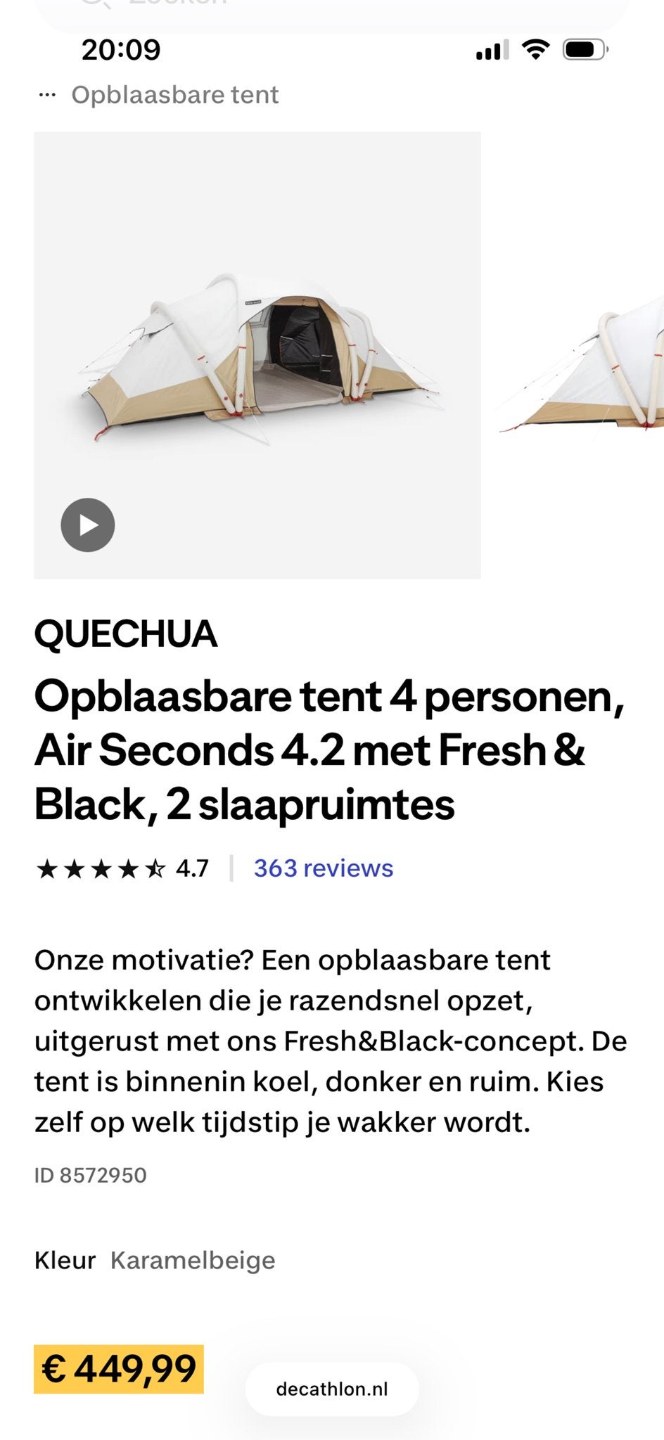 Quechua Opblaasbare Tent 4p met Extra's, Ophalen of Verzenden, Gebruikt, Tot en met 4