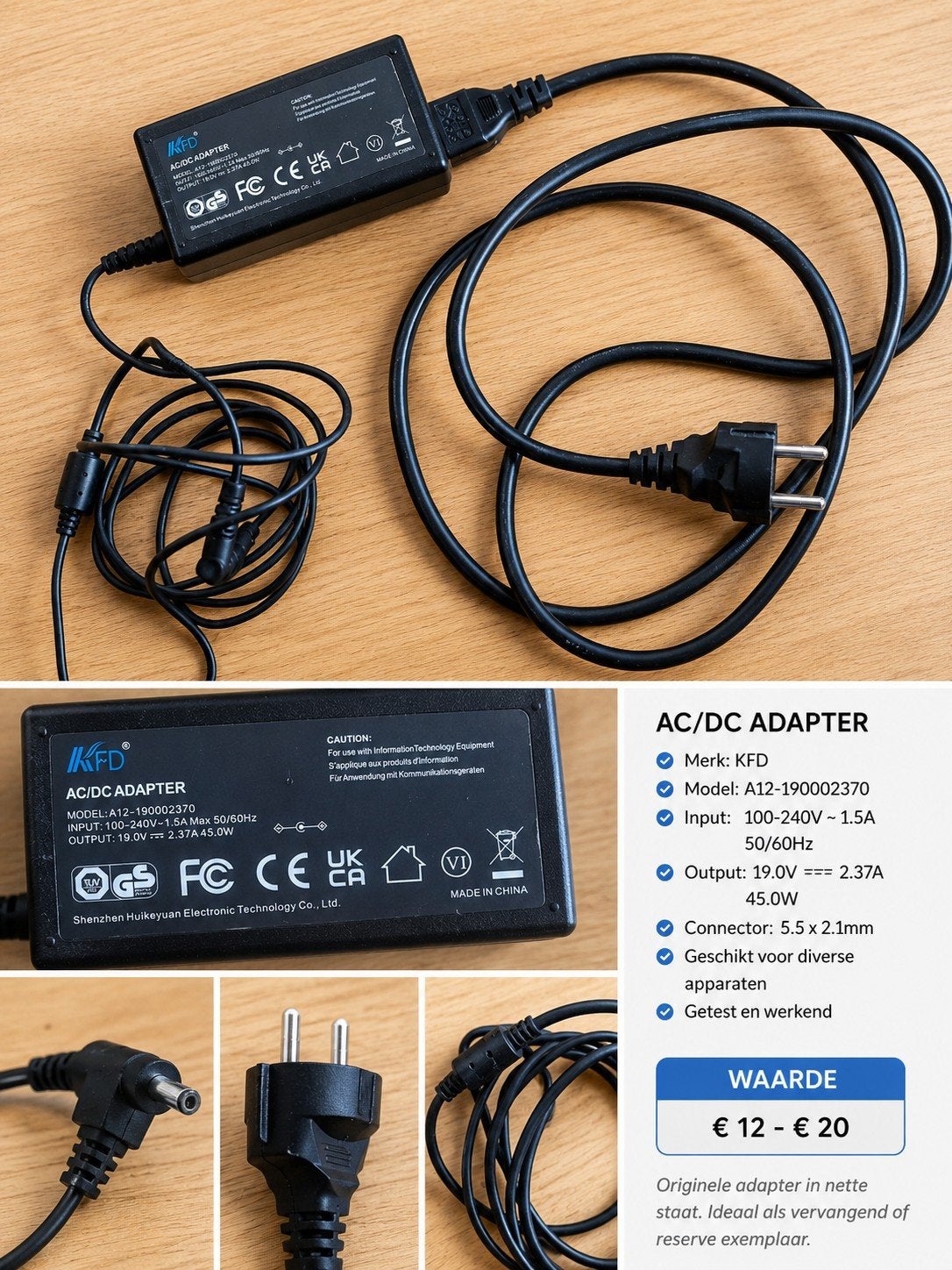KFD AC/DC Adapter 19V 2.37A (45W) - Getest en Werkend, Ophalen of Verzenden, Zo goed als nieuw