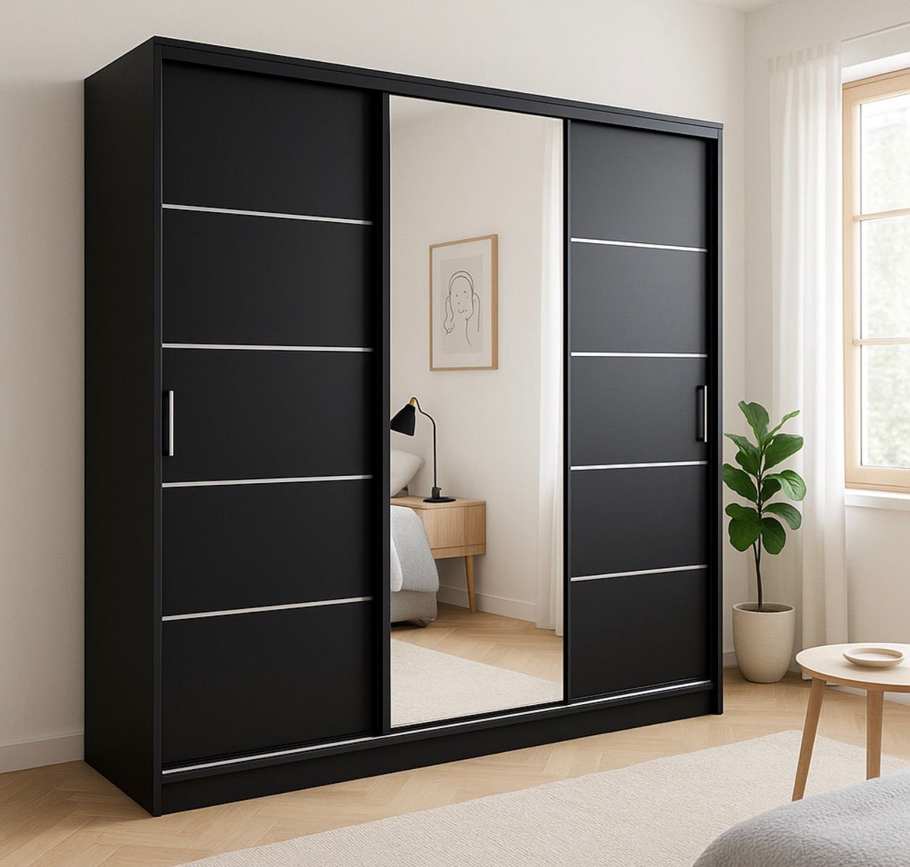 Moderne 3‑deurs schuifdeurkast met spiegel – zwart design, Nieuw, 200 cm of meer, 50 tot 75 cm, Verzenden