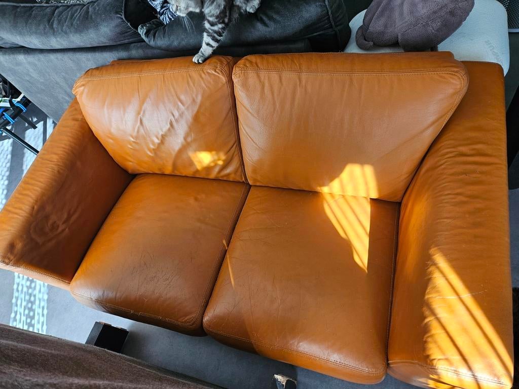 Bruine leren banken 2 + 3 zits, Huis en Inrichting, Banken | Bankstellen, Ophalen, Gebruikt, 200 tot 250 cm, Leer