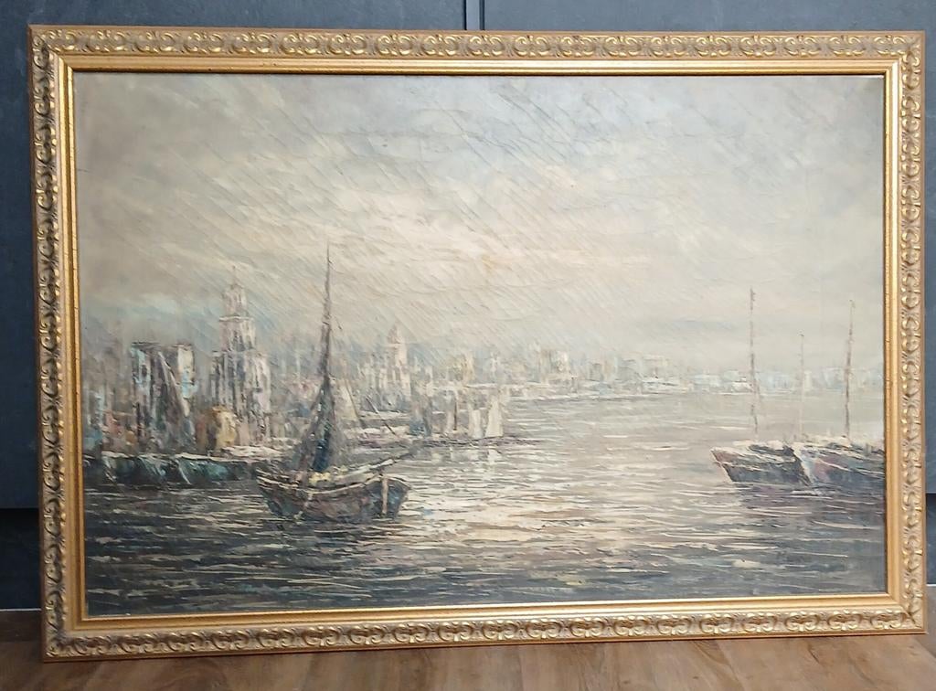 Olieverf schilderij havengezicht Meuris, Antiek en Kunst, Kunst | Schilderijen | Klassiek, Ophalen