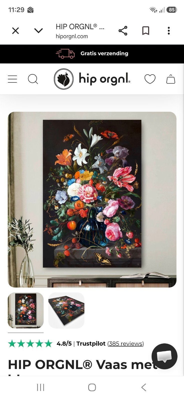 HIP ORGNL Vaas met Bloemen Schilderij - Groot Formaat, Ophalen, Zo goed als nieuw, 75 tot 100 cm, Print