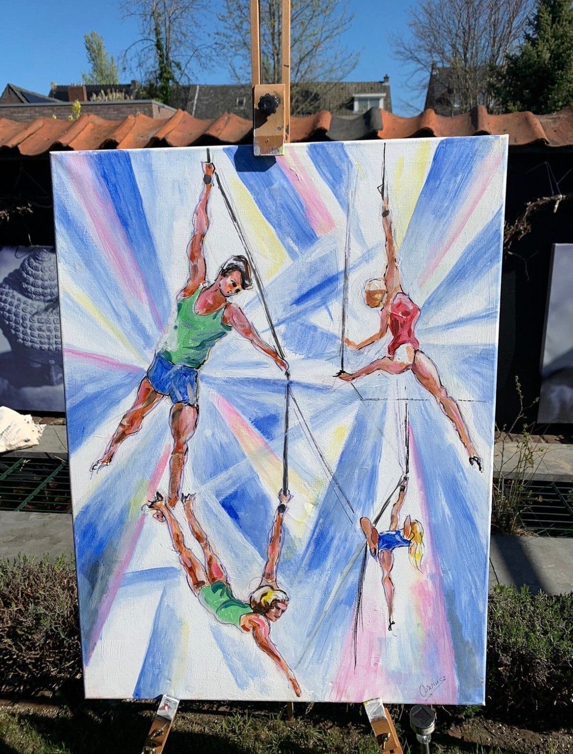 Acrobaten op doek - Levendig en dynamisch kunstwerk, Ophalen