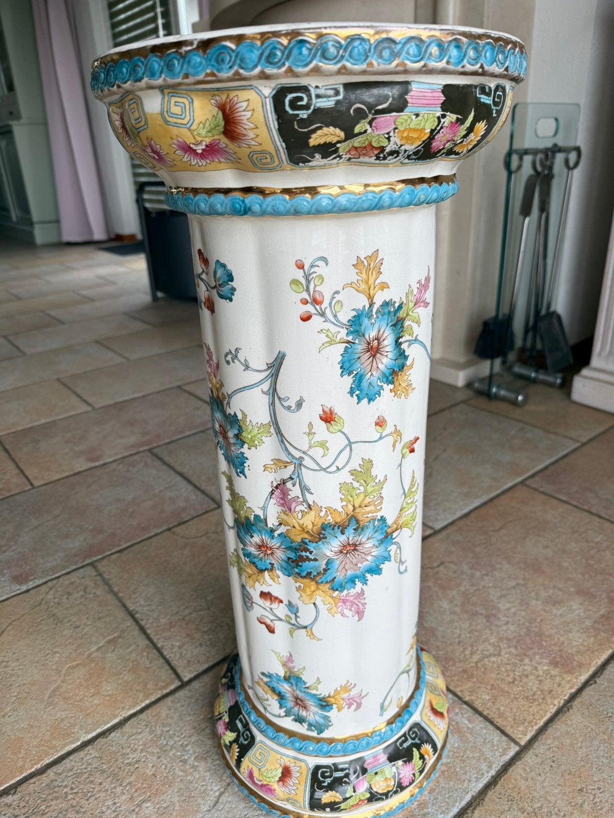 Vintage Piedestal + Bloempot Chinoiserie blauw/goud, Huis en Inrichting, Woonaccessoires | Zuilen en Pilaren, Ophalen, Gebruikt
