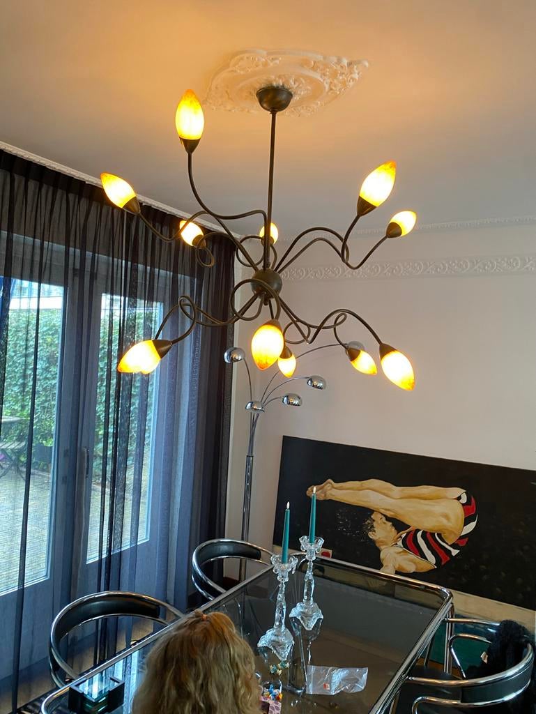 Grote hanglamp koper met 12 glazen kapjes, Huis en Inrichting, Lampen | Hanglampen, Ophalen, Gebruikt, Glas, 75 cm of meer