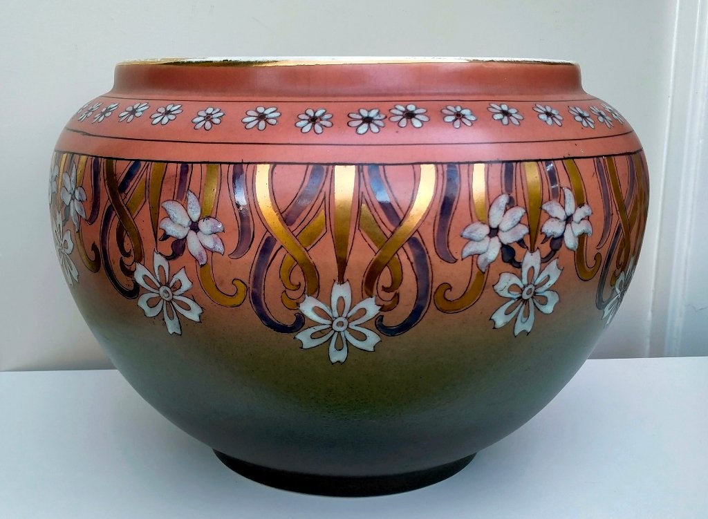 Antiek Art Nouveau Jugendstil Keramieken Jardinière Bloempot, Tuin en Terras, Bloempotten, 25 tot 40 cm, Rond, Binnen, Ophalen of Verzenden