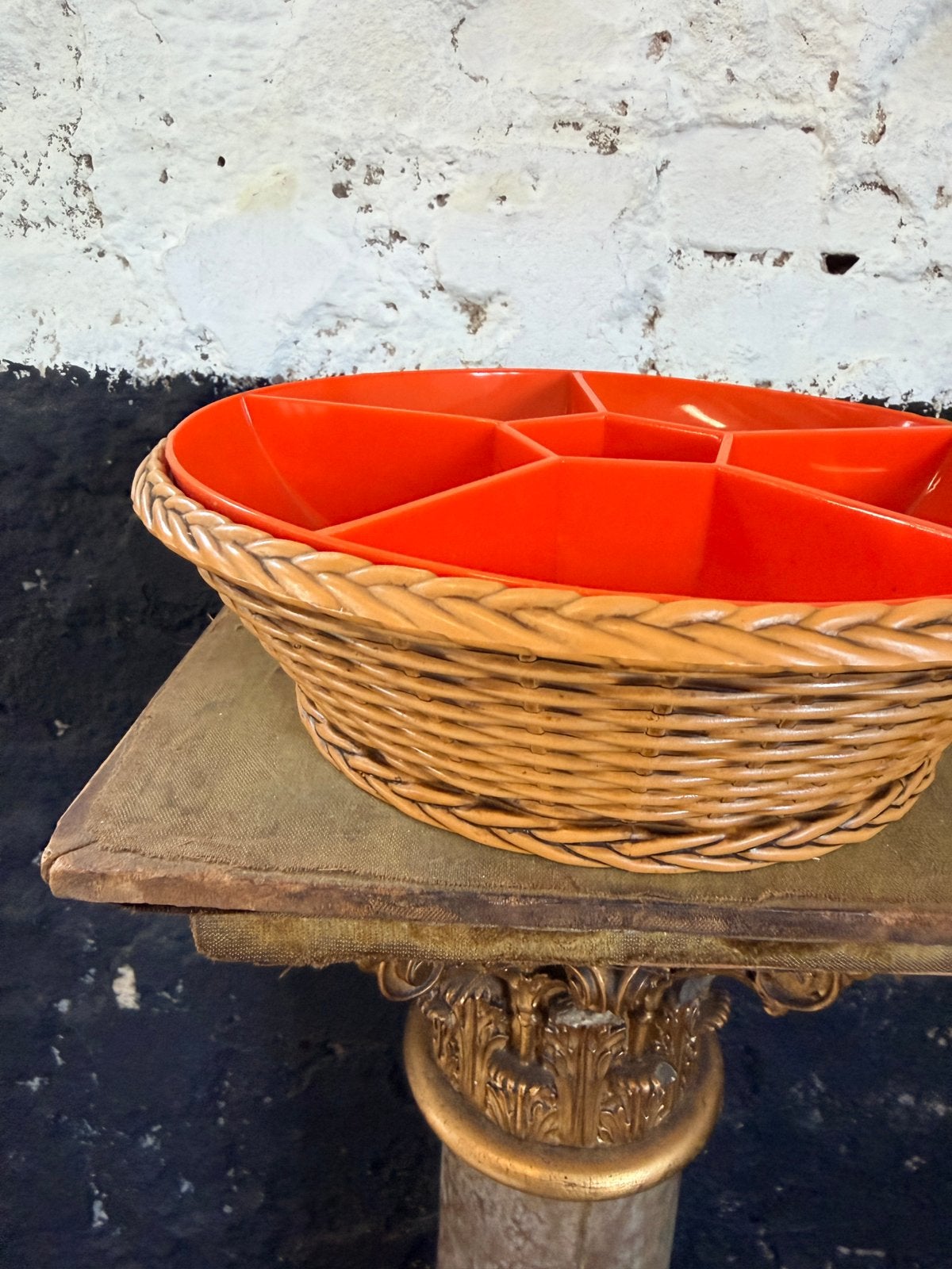 Vintage 70’s Emsa snackschaal schaal mand oranje bruin, Ophalen of Verzenden, Gebruikt, Rond, Kunststof