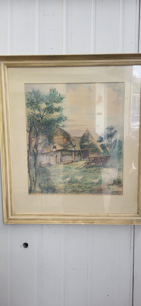 Schilderij met lijst - Boerderijlandschap, Antiek en Kunst, Kunst | Schilderijen | Klassiek, Ophalen of Verzenden