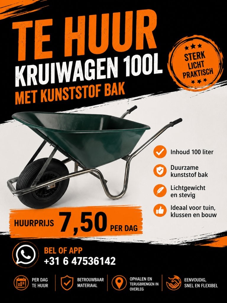 Te Huur Kruiwagen 100 liter, Ophalen, Eenwielig