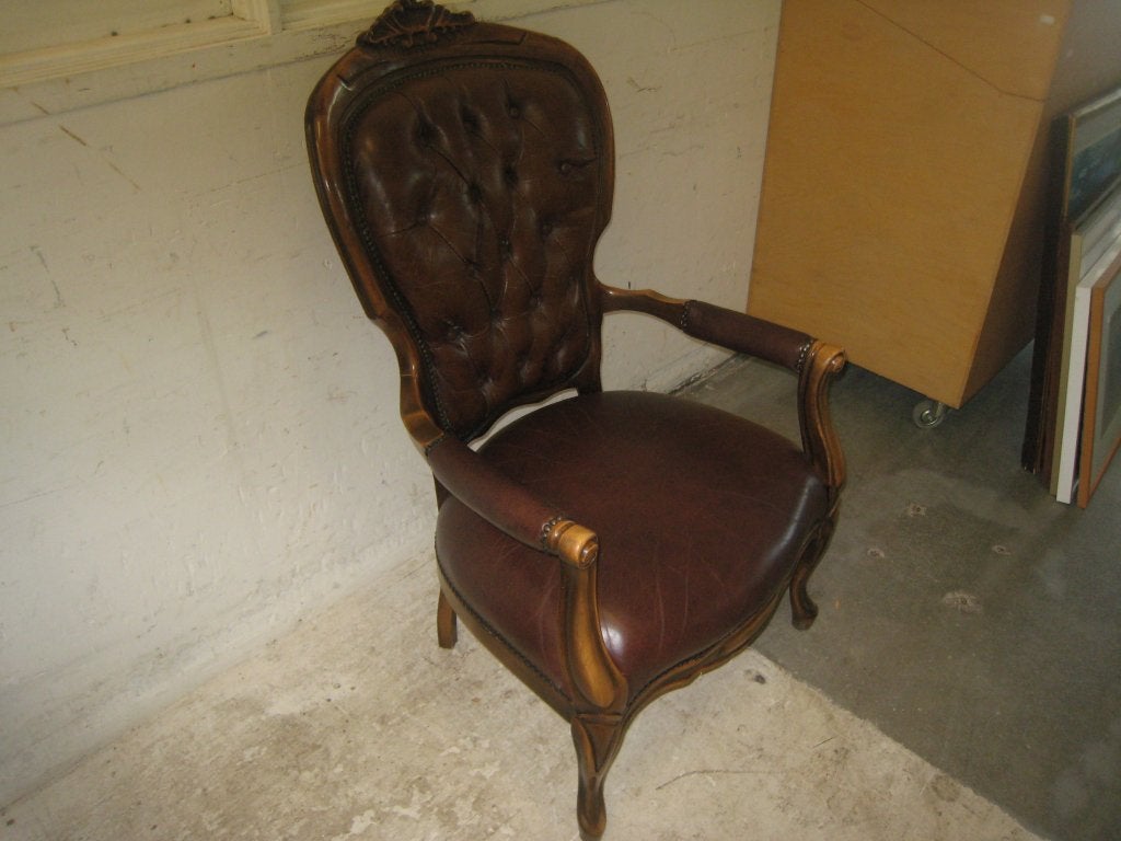 Barok stijl fauteuil met bruin leer, Niet ingevuld, Gebruikt, Niet ingevuld, Niet ingevuld
