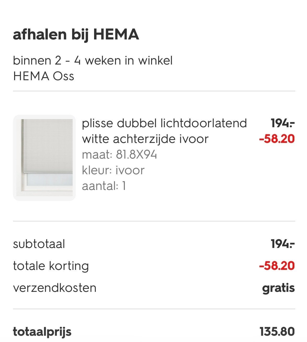 Plisségordijn dubbel lichtdoorlatend 81.8x94cm Ivoor, Nieuw, Ophalen of Verzenden, Lichtdoorlatend, Crème