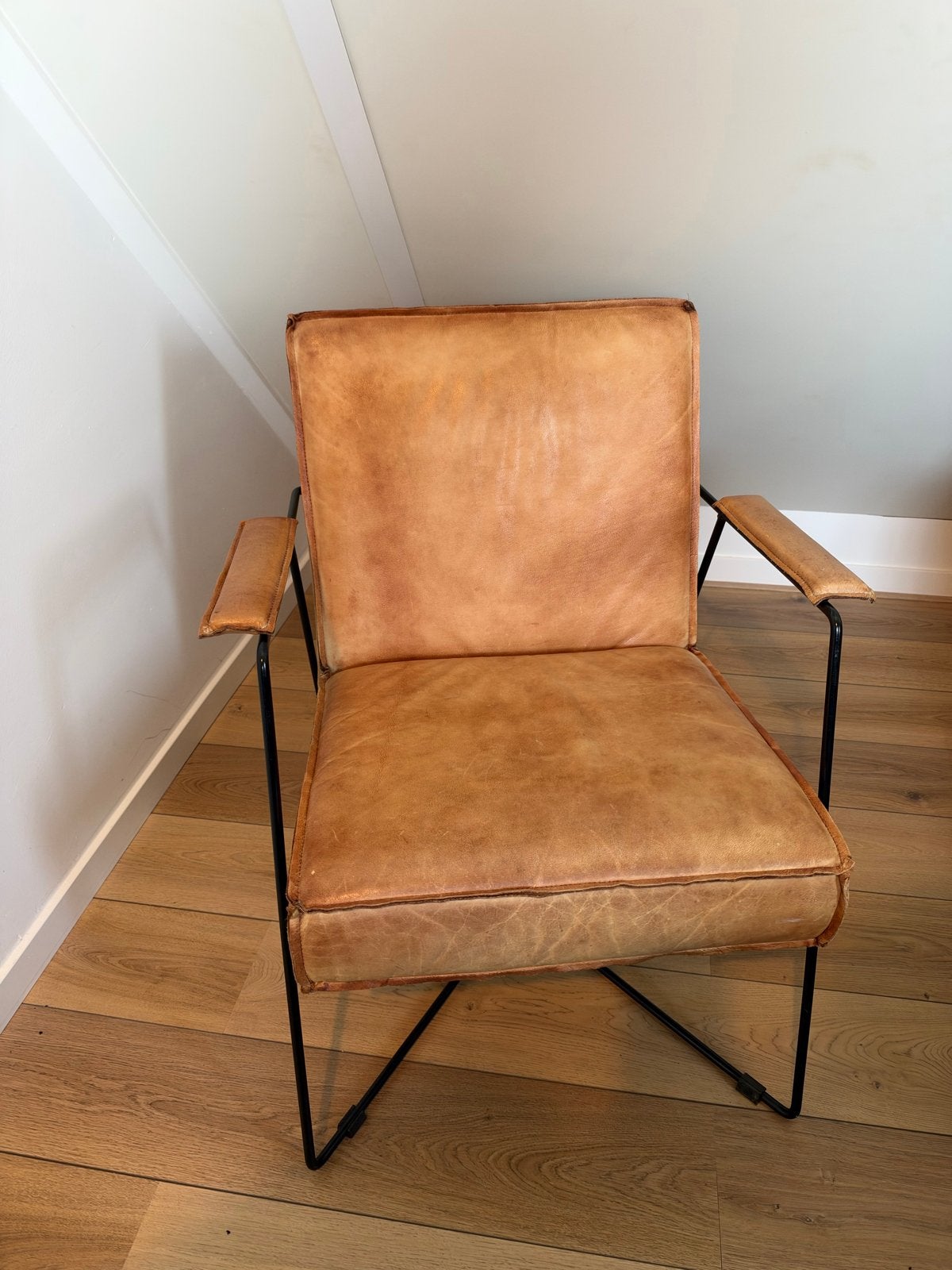 2 stuks - Vintage Leren Fauteuil - Cognac Kleur, Ophalen, Gebruikt, 50 tot 75 cm, Leer