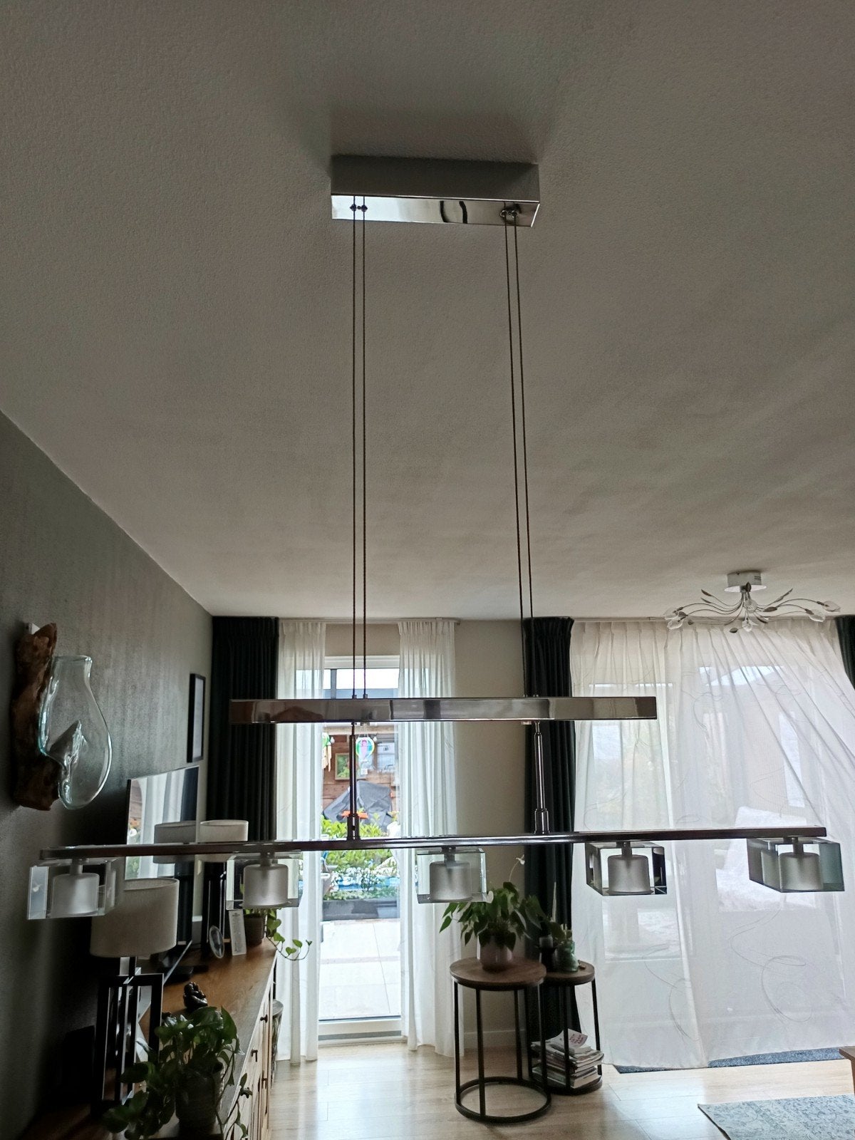 Moderne hanglamp met 5 glazen kubussen, Ophalen, Gebruikt, Modern, Industrieel, Glas