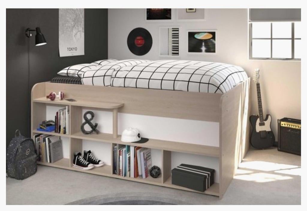 Leenbakker Tweepersoonsbed met opbergruimte en boekenkast, Huis en Inrichting, Slaapkamer | Bedden, Ophalen, Modern en functioneel