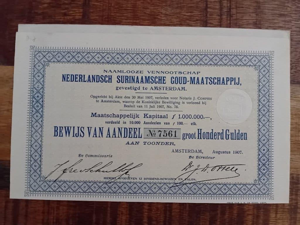 Aandeel Nederlandsch Surinaamsche Goud-Maatschappij - 1907, Postzegels en Munten, Aandelen en Waardepapieren, Ophalen of Verzenden