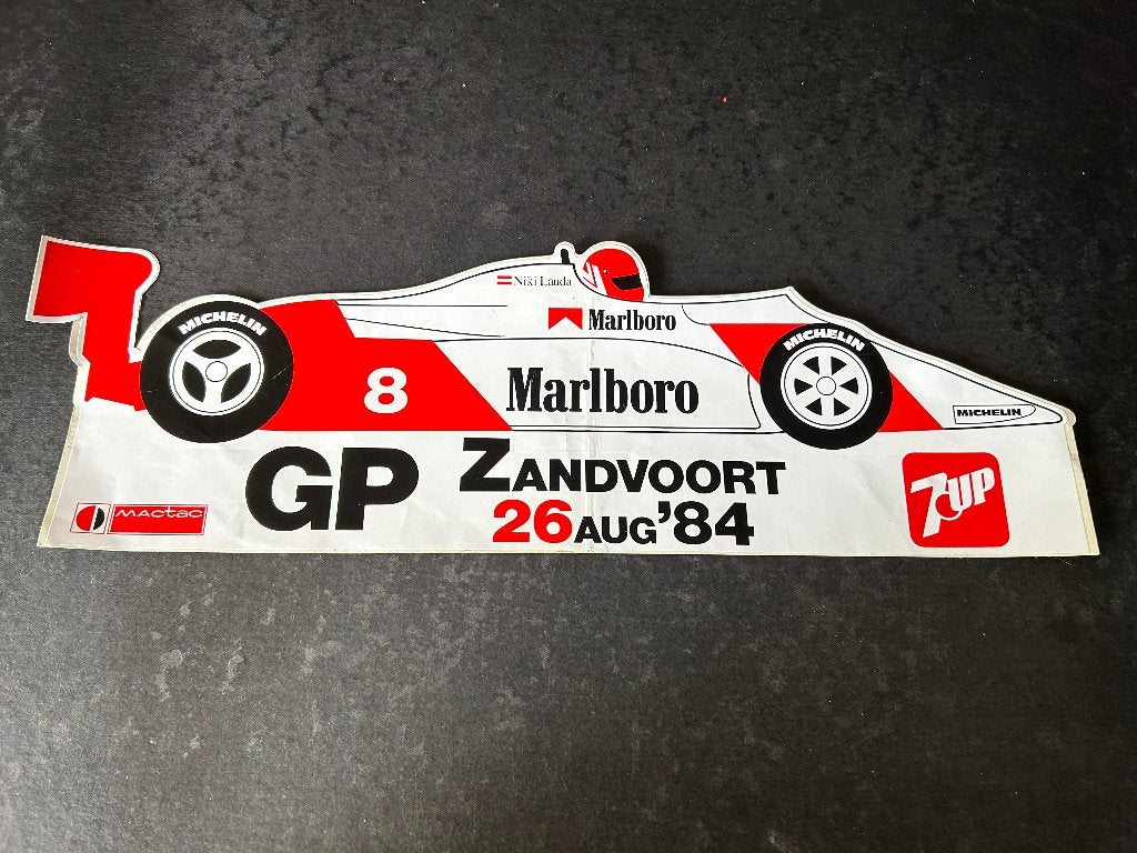 sticker MARLBORO ZANDVOORT GP 26 aug 1984 NIKI LAUDA 41x13,5, Ophalen of Verzenden, Zo goed als nieuw