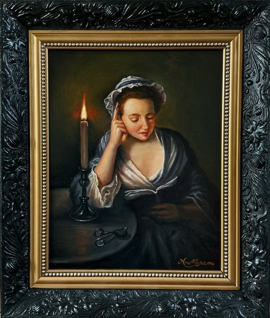 Lezende vrouw bij de kandelaar (Alfonso Moreno), Ophalen of Verzenden