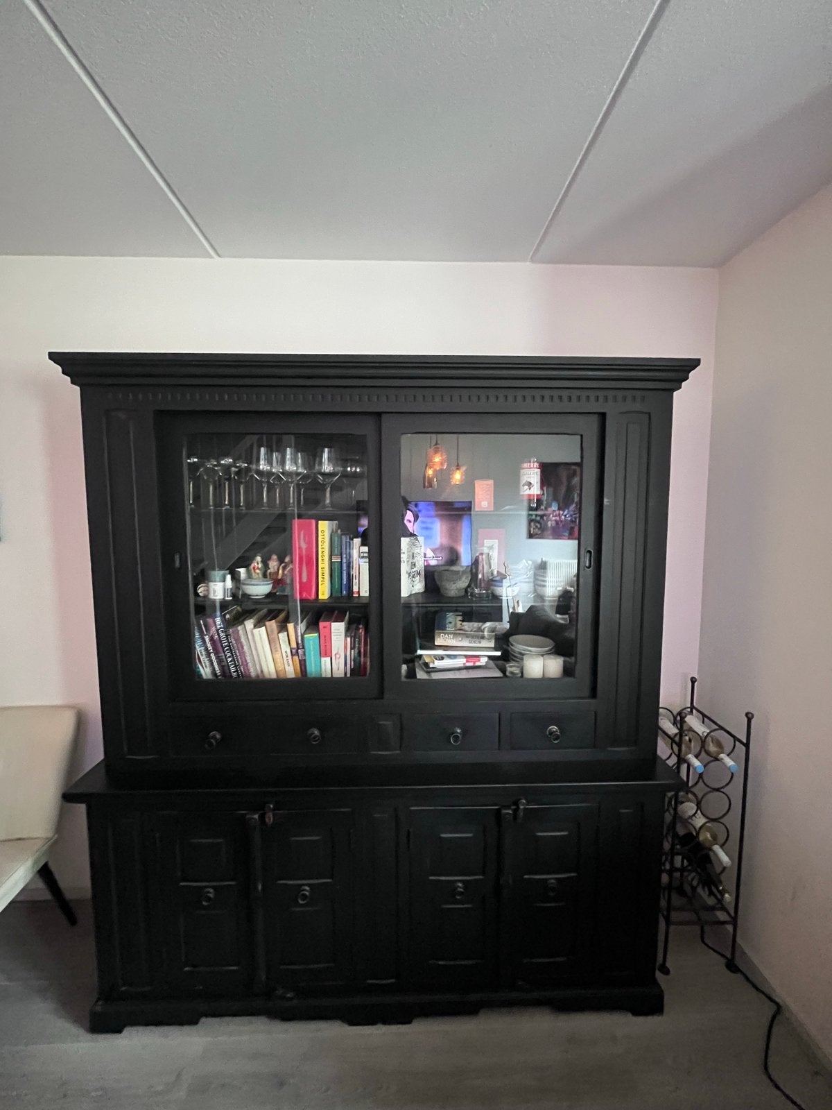 Zwarte Buffetkast en dressoir teak hout, Huis en Inrichting, Ophalen, Gebruikt, Met deur(en), 200 cm of meer