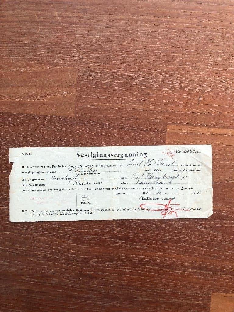 Wassenaar- Noordwijk- Vestigingsvergunning voor C. Plaatner, Boeken, Oorlog en Militair, Verzenden, Overige onderwerpen, Tweede Wereldoorlog